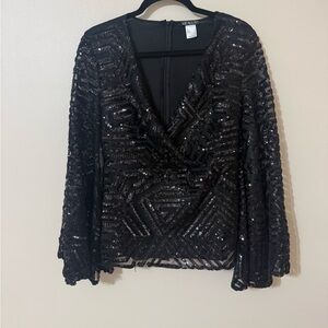 VENUS BLACK Sequin Top with Peplum Bell Sleeves V Neck Size 8 Best Quality NWT